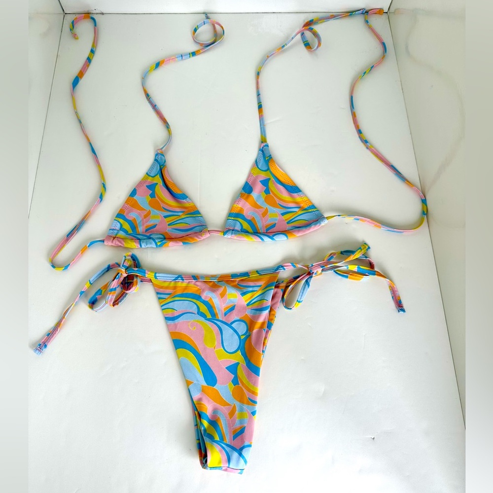 437 Multicolor Tie-Side Triangle Bikini Set - Women's Swim